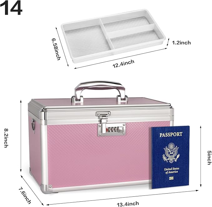 Medicine Box with Combination Lock - 13.4"x7.6"x8.2" First Aid Safe Medication Storage Case, Personal Items Safe Case for Hospital & Home & Outdoor 【Pink】