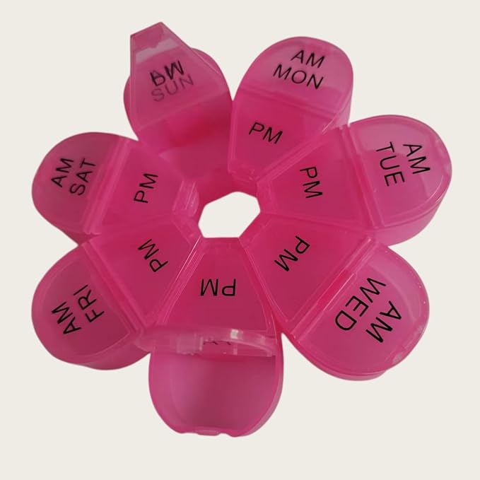 Cute AM PM Pill Organizer 7-Day Vitamins Medicine Box with 7 Color Coded compartments Flower Shaped Weekly Medication Box Twice a Day Portable, Suitable for Travel, Home use.