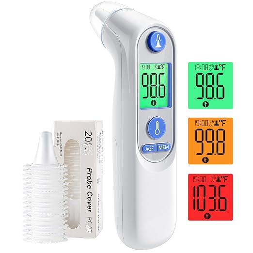 Viproud Digital Ear Thermometer for Kids & Adults, Accurate & Fast Results | With 21 Disposable Probe Covers, 1s Fast Reading, 3-color backlight screen, 30 Memory Recall, ℃/℉ Switchable, Silent Mode