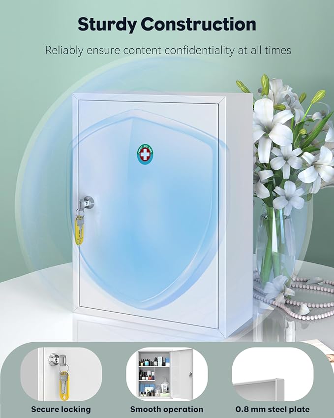 Uniclife Wall Mount Medicine Cabinet with Key Lock, Locking First Aid Cabinet, Lockable Medical Cabinet, Large Capacity Medicine Organizer, Secure Steel Wall Cabinet Metal Storage Box, White