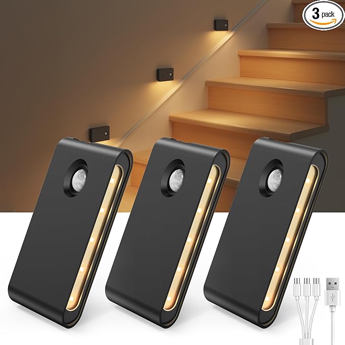 EZVALO 3 Pack Motion Sensor Night Lights, Sync LED Stair Lights Indoor, 1500mAh Rechargeable, Magnetic & Dimmable, 3000K Soft White, Portable Nightlight for Hallway, Stairs, Bathroom, Bedroom (Black)