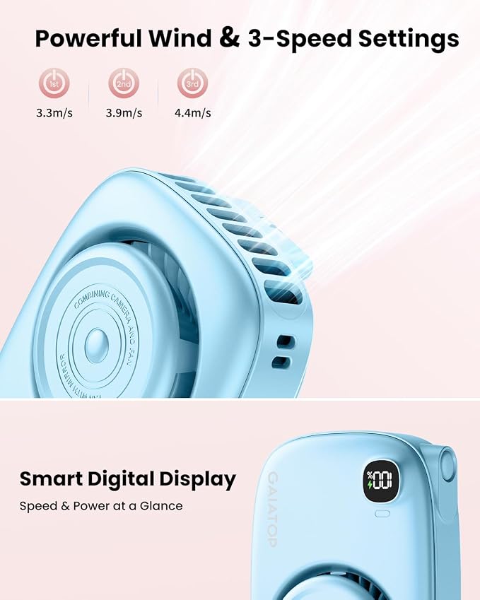 Gaiatop Mini Neck Fan, LED Makeup Mirror, Power Display Portable Fan Blue | 3 Speeds, 360° Rotate Mirror for Handheld Desk Use, Rechargeable Small USB Fan, Personal Cooling Travel Essentials Women Gift