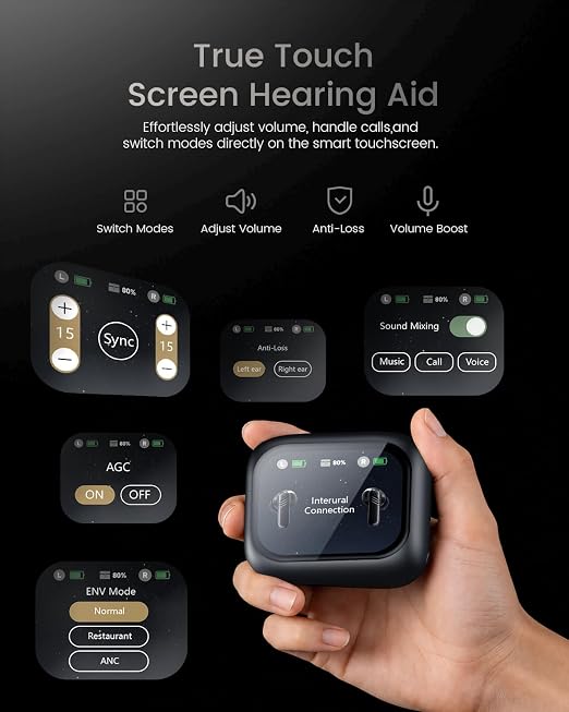 Bluetooth Hearing Aids for Seniors,Rechargeable Touch Control LED Screen | AI Smart Noise Reduction Hearing Assistance Device With Directional Sound Pickup,3 Modes,16 Volume, 80H Battery Life