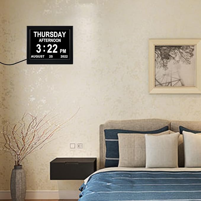 Day Date Time Clock for Seniors Elderly 3 Medication Reminders+ 5 Custom Reminders Digital Calendar Dementia Impaired Vision Memory Loss Clock(Black,8-inch)