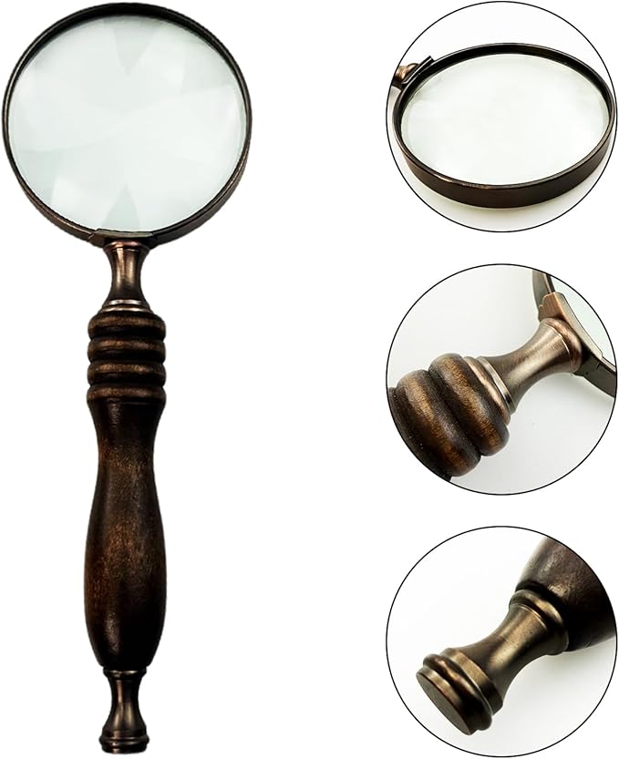 10X Handheld Vintage Magnifying Glass, Portable Reading Magnifying Glass with Wooden Handle, Reading Magnifier for Senior/Low Vision/Map/Inspection/Handcraft Hobby