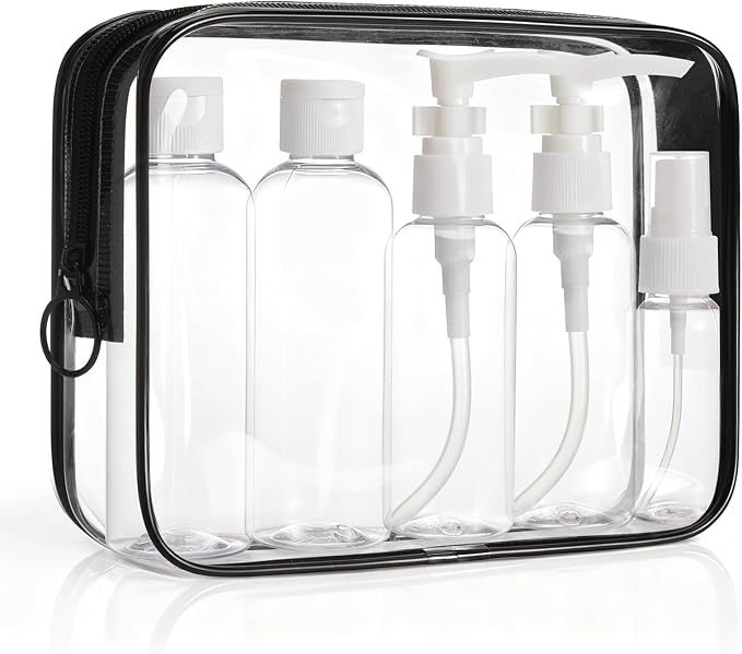 BAGSMART Clear Toiletry Bag with Refillable Travel Bottles Set, Black | 7-Pack TSA Approved Travel Bag, Water Repellent Carry on Travel Accessories Bag, Airport Airline Quart Size Bags