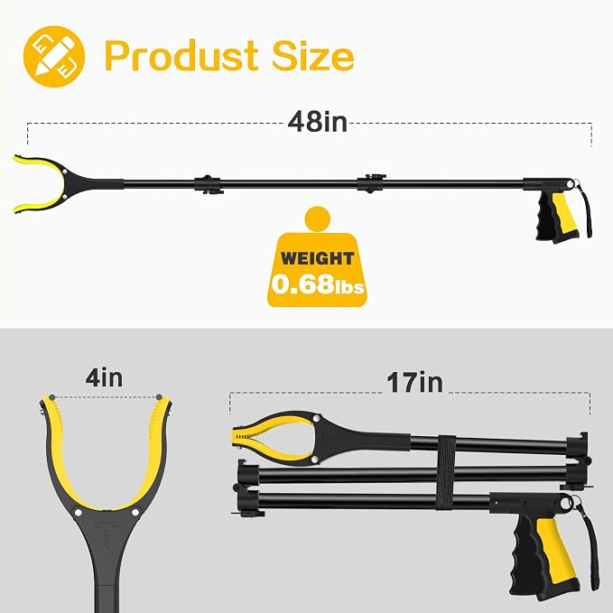 48 Inch Extra Long Grabber Reacher Tool，Foldable Pick Up Stick with Strong Grip Magnetic，360°Rotating Anti-Slip Jaw 4" Wide Claw Opening,Hand Grabber for Reaching