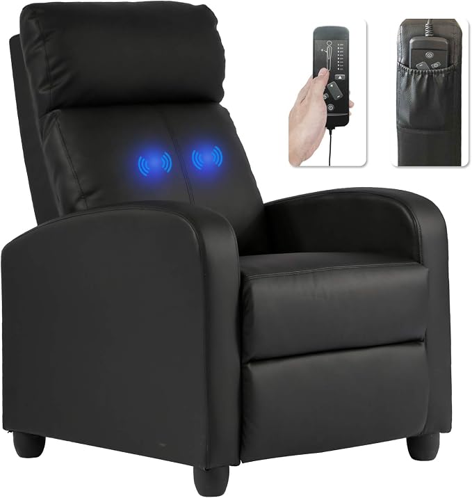 BestMassage | Recliner Chair | with 2 Point Massage Function | Black | with Lumbar Support, Adjustable Push Back, Wide Armrests, Footrest & Padded Seat | Easy Assembly | for Living Room, Home Theatre | with Lumbar Support, Adjustable Push Back, Wide Ar...