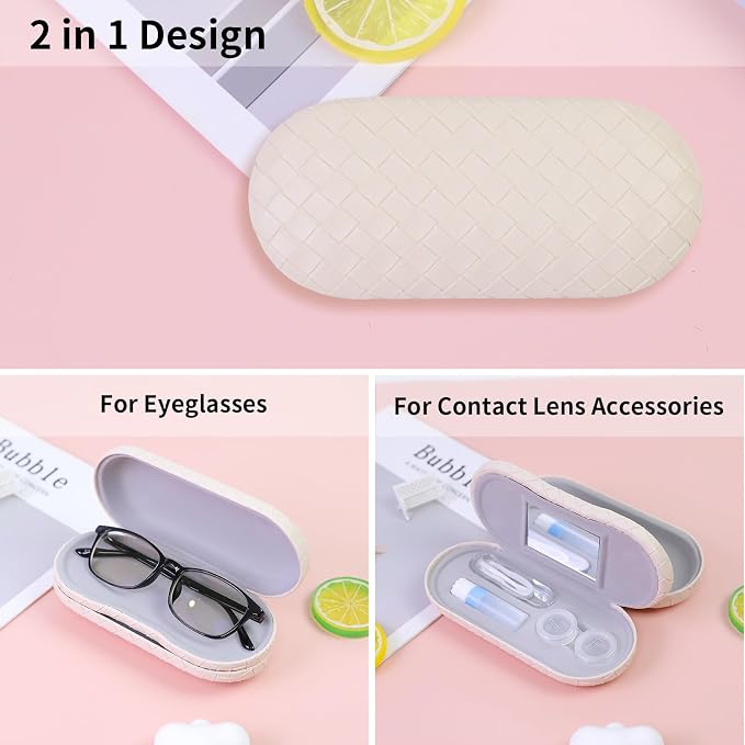 2 in 1 Contact Lens Case and Eyeglasses Case for Women Men Kids, Double Sided Hard Shell Portable Glasses Travel Holder with Built-in Mirror, Contact Lens Box Storage Kit, White