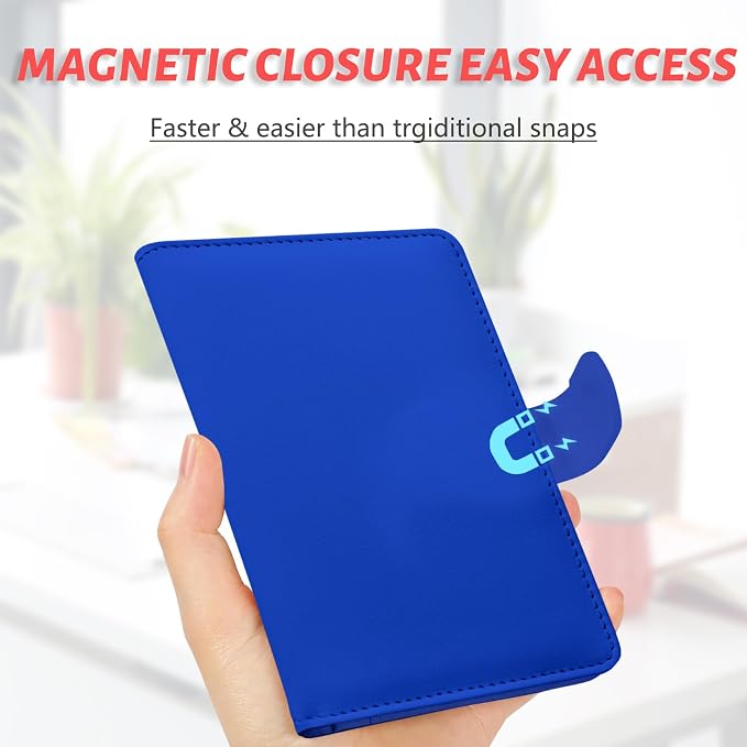 Passport Holder, Cute Travel Wallet Cover with RFID Blocking,Blue | PU leather travel wallet with magnetic closure, card slots, pen loop, and easy access for passports and essentials.