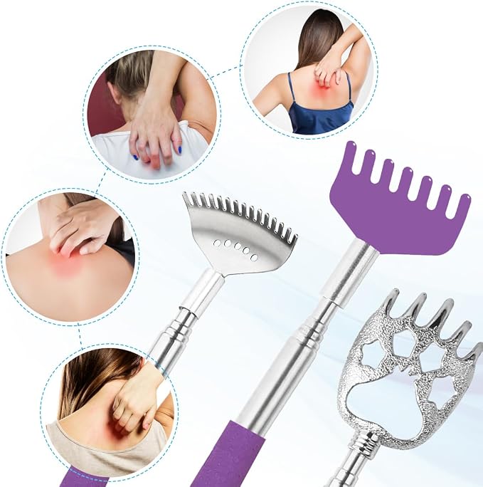 Yeipis 3 Pack Different Back Scratcher Metal Portable Telescoping Back scratchers with Rubber Handles, Extendable Back Massager Tool with Beautiful Box Stocking Stuffers for Men Women（Purple）