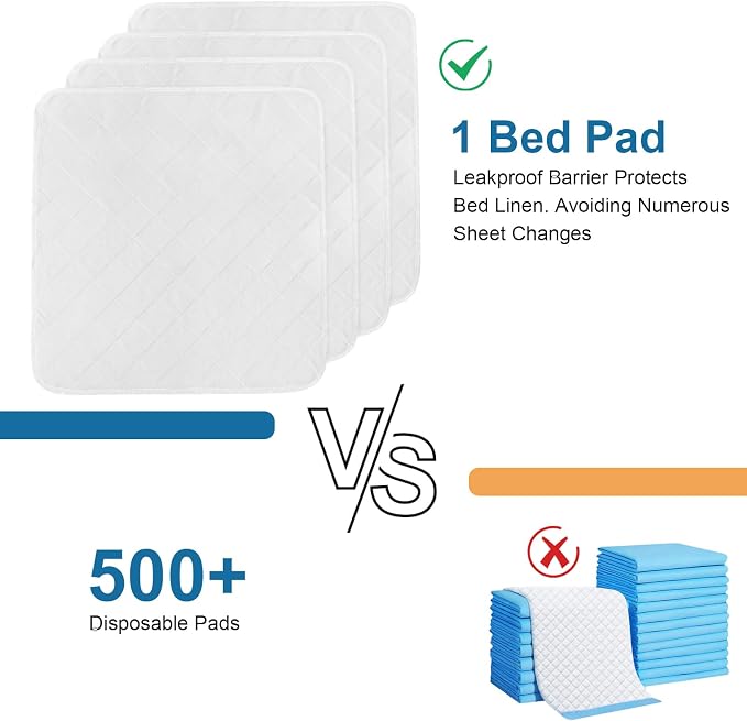 Waterproof Incontinence Bed Pads 34'' x 36'' (Pack of 4) | Washable Underpad Chuck Pads for Bed, Reusable Pee Pads for Adults, Elderly, Kids, Toddler and Pets, White