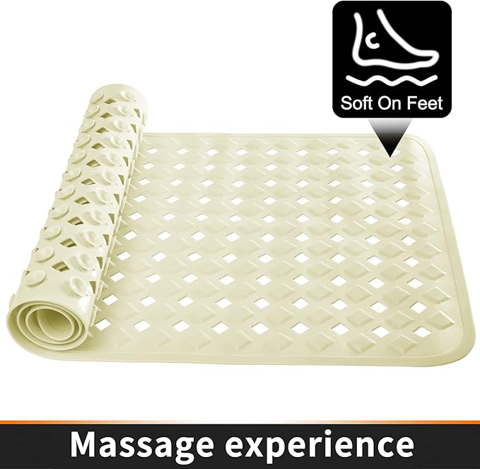 Yimobra Non Slip Bath Mat, Super Strong Suction Cups,34.5"x15.5"Long Tub Mat with Drain Holes, Machine Washable Fast Draining Shower Mats, Bathroom Essentials,Beige