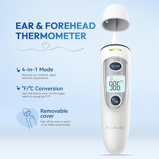 Ear and Forehead Thermometer for Adults & Kids, 1s Accurate Result | Fever Alarm, 1S Result, 3-Color Backlight LCD Display, Mute Mode, 35 Memory Recalls, Ear/Forehead/Object Mode, ℉/℃ Swichable
