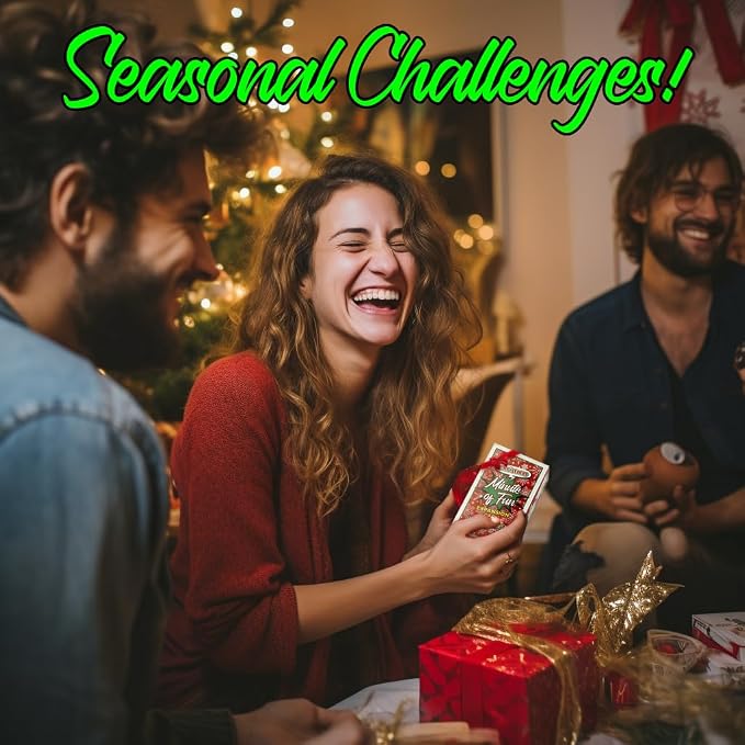 Funwares Minute of Fun Christmas Edition, 218 Challenges, 2-12 Players | Minute to Win It Style Holiday Games, You Provide Candy Canes, Stockings & Ornaments, 109 Cards, Christmas Party, Ages 8+