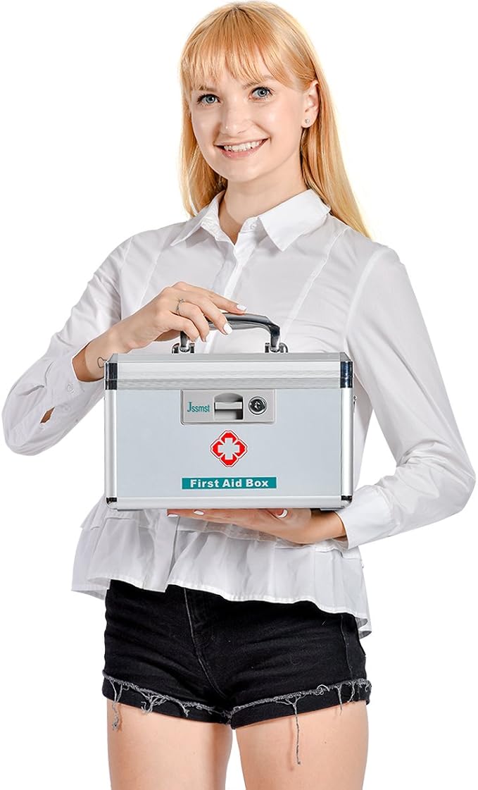 Jssmst Medication Lock Box with Key, Medicine Lock Box for Medication Storage, First Aid Box Locked Medicine Case, Key Safe Locking Box for Drugs Use, 12 x 7.4 x 8.1 inches, Silver