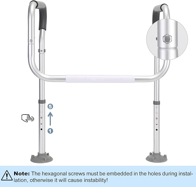 Toilet Safety Rail for Seniors, Toilet Grab Bars for Seniors and Disabled, Toilet Handles for Elderly with Adjustable Width and Height, 350 lb Weight Capacity | Fits standard and elongated toilets; non-slip foam grips and tool-free setup using existing...