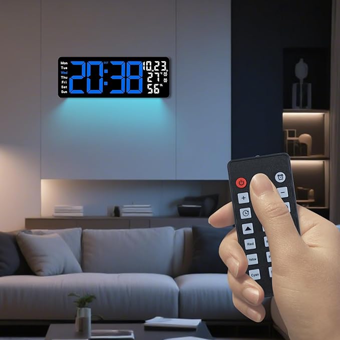 Digital Wall Clock Large Display, 17.3" Digital Clock with RGB Color Remote Control, Auto-Dimming Big Wall Clock with Night Light,Auto DST,Date Week,Temp for Home Decoration, for Elderly (Blue)