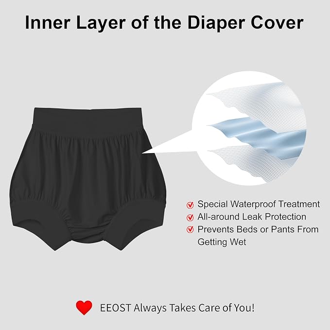 Adult Cloth Diaper Cover Waterproof Plastic Pants Rubber Underwear for Incontinence Leak Proof Washable (BlackL)