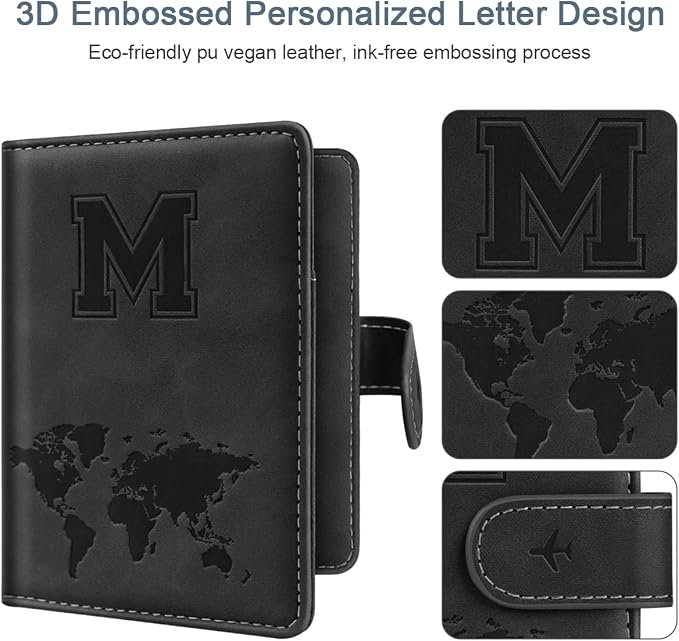 Passport Holder for Travel Essentials Personalized Initial Wallets | Embossed Letter A-Z Design, RFID Blocking, Passport Cover, Passport Book Holders, Men Women, Personalized Gifts, Black-M