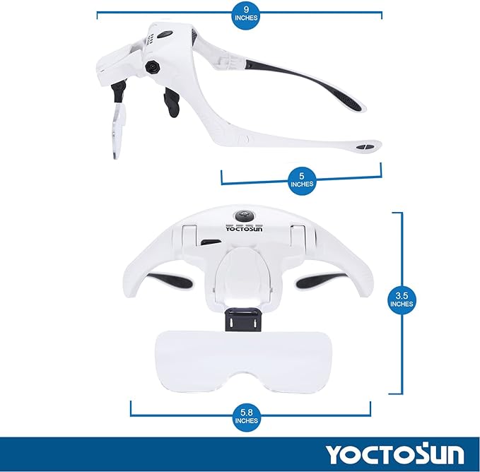 YOCTOSUN Magnifying Glasses with 4 LED Lights, Head Mount Magnifier with Storage Case,5 Lenses, Headband, Hands Free Lighted Head Magnifying Visor for Hobby Crafts & Close Work