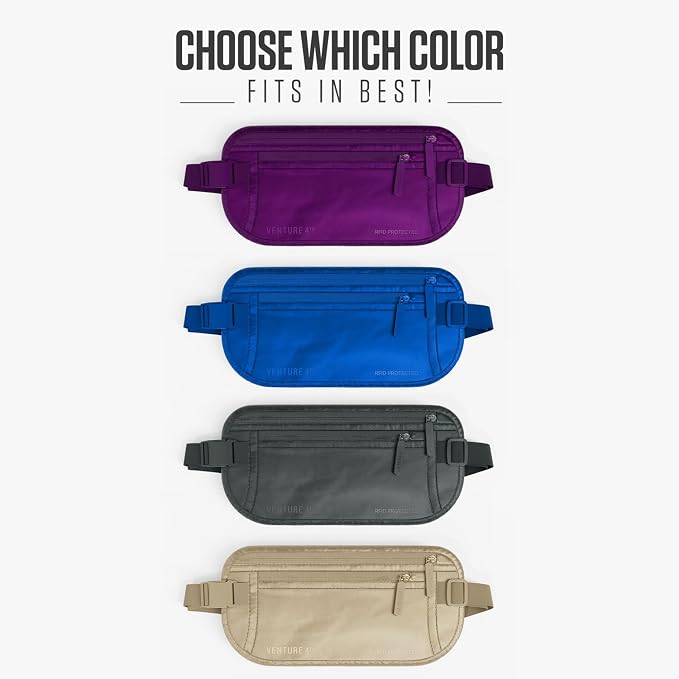 VENTURE 4TH Travel Money Belt, RFID Blocking Passport Holder - Sleek Purple