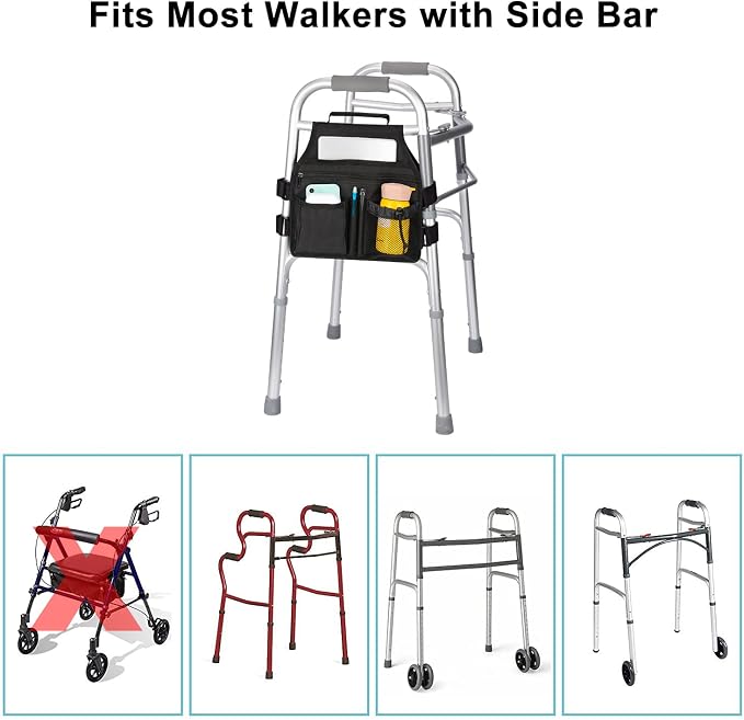 supregear Side Walker Bag, Walker Accessories Bag w/Cup Holder, Folding Walker Basket Waterproof Walker Organizer Caddy Pouch for Most Walker with Side Bar for Seniors, Elderly, Double Sided