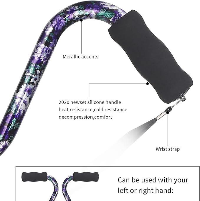 Floral Canes for Women Folding Cane for Stability with Non-Slip Base, Adjustable Walking Cane for Seniors - Lightweight Collapsible Walking Sticks with T & Offset Handle