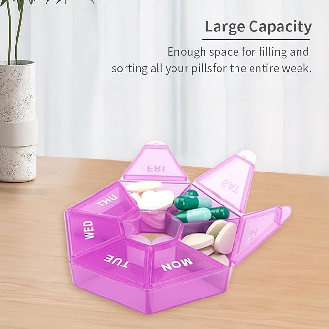 Pill Organizer, 2 Pack Pill Box, Small Medicine Organizer 1 Time a Day, Weekly Case, Pills Container, Pills Holder, Daily Medicine Organizers Travel 7 Day(Purple)