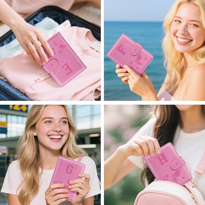 Passport Holder Cover Initial Letter A-Z Travel Wallet Personalized | Travel Essentials, Embossed Design, RFID Blocking, Personalized Gift, Passport Book Holders for Women Girls, Pink-E