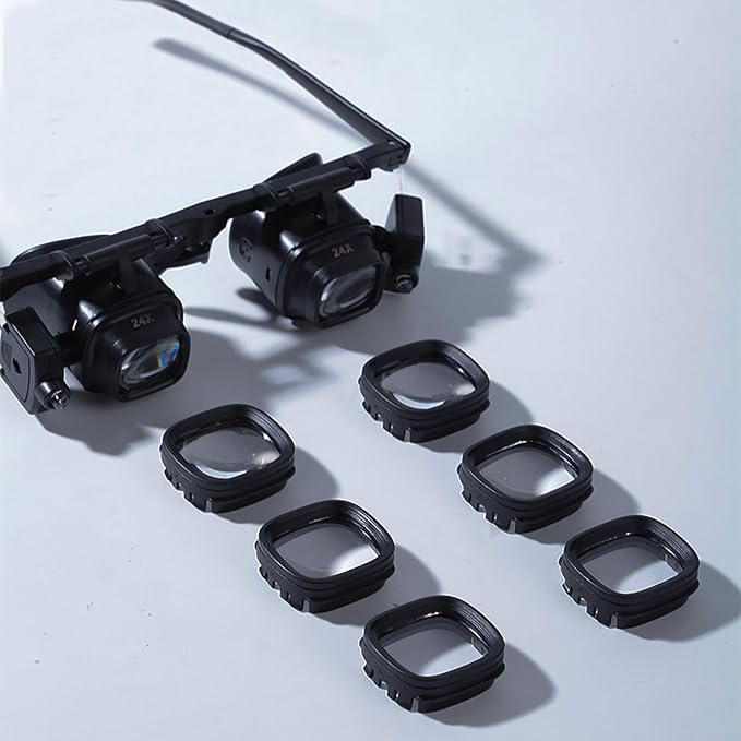 24X Headband Magnifying Glasses with 2 LED Lights, Hands-Free Head Mount Magnifier with 4 Sets of Interchangeable Lenses (2X, 6X, 10X, 24X) for Jewelry Loupe, Watch Repair, Crafting and Reading