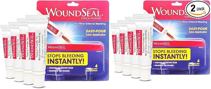WoundSeal Powder 4 Each (Pack of 2) - Wound Care First Aid for Cuts, Scrapes and Abrasions - Stops Bleeding in Seconds Without Stitches or Bandages - Safe and Effective for People of All Ages and Pets