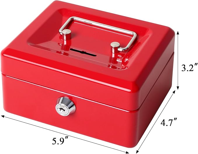 Jssmst Small Lock Cash Box, Locking Money Box for Kids with Slot on Top, Red Lock Box, 5.91 x 4.72 x 2.95 inches, CB003-R