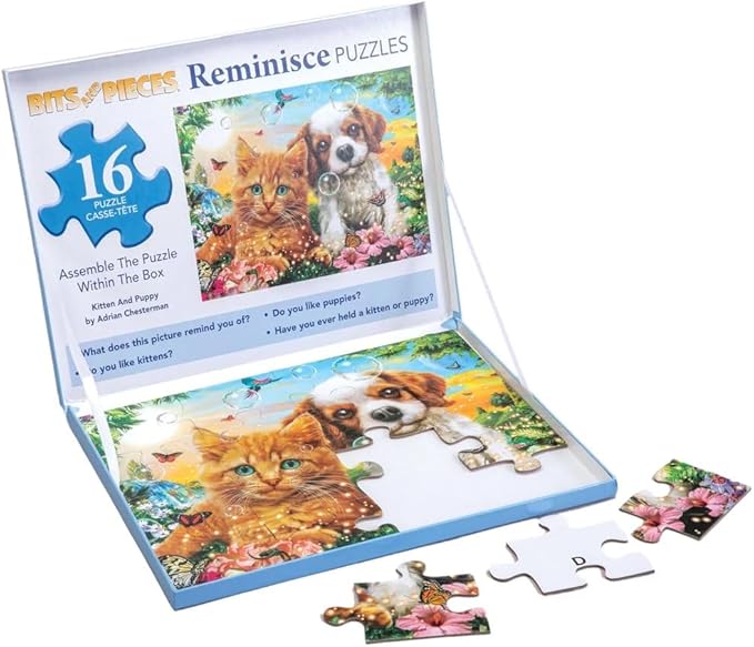 Bits and Pieces Large Piece Puzzles for Seniors, 10 in. x 13 in. Kitten and Puppy Puzzle - 16 pc Extra Large Pieces Puzzles for Dementia Seniors, Alzheimer Puzzle Memory Aids