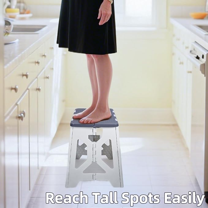 Foldable Step Stool (1 Pack), 12.9” Tall up to 300 lb Sturdy Plastic Folding Step Stool for Adults Kitchen Bathroom, Portable Small Stool Travel Foot Stool, Folding Stool for Home & Outdoor Use Gray