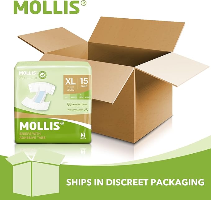 MOLLIS Adult Diapers for Women and Men, Unisex Disposable Incontinence Briefs with Tabs, Odor Control, XLarge, 15 Count
