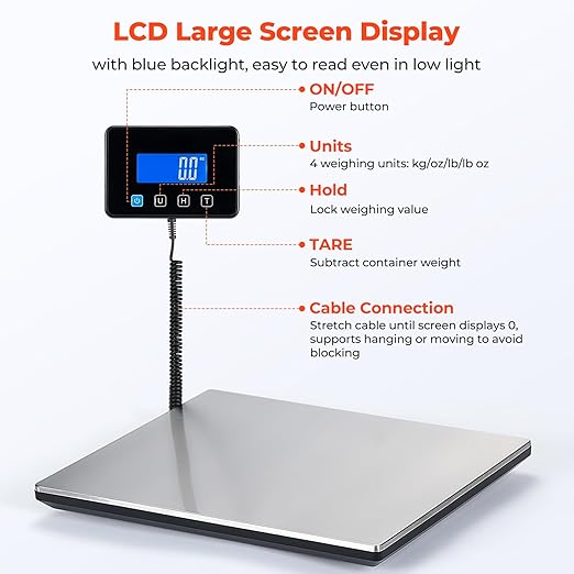MUNBYN Shipping Scale, 440lb/1.8oz Digital Postal Scale for Packages with Hold/Tare Function, Backlit LCD, Battery & Cable Included, Postage Scale for Small Business, Packages, Luggage, and Home Use