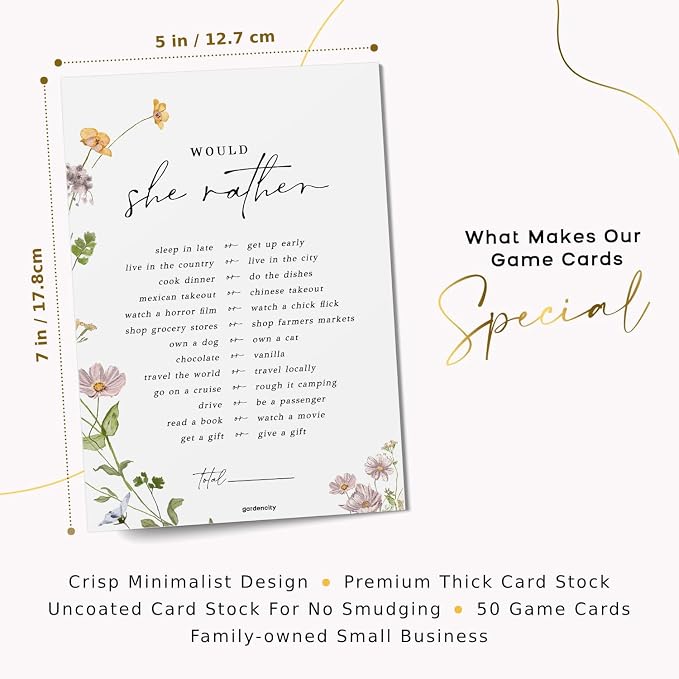 GardenCity Would She Rather, Bridal Shower Games, Baby Shower Games, 50 Cards, Wildflower