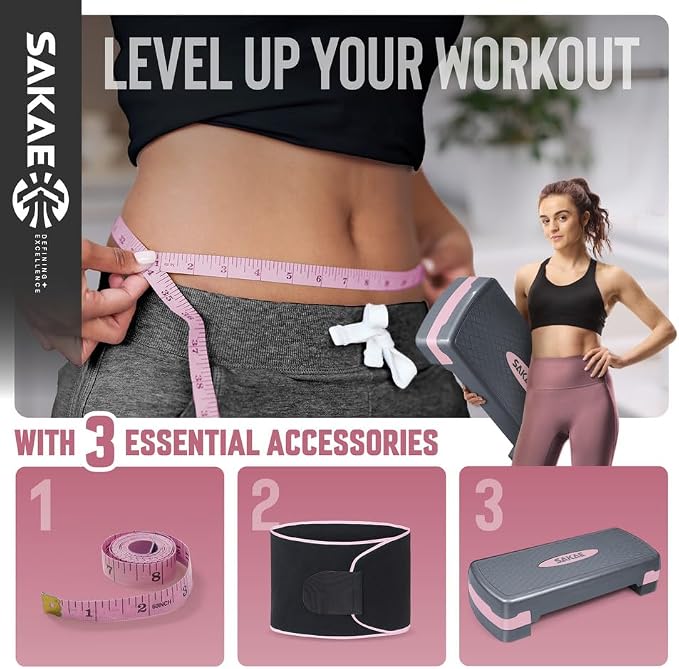 Adjustable Height Aerobic Stepper Set, Multiple Bundle Options with Dumbbells, Kettlebell, Waist Trimmer, Ankle Weights or Weighted Vest, Workout Exercise Step Platform w/Level Risers, 4 Colors