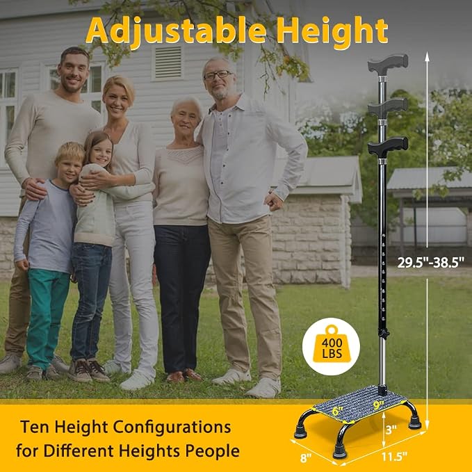 Stair Climbing Cane Half Steps for Stairs Lifts Seniors Elderly Stair Cane Walking Aids for Stability 4 Prong Base Adjustable Sticks Stair Helper Assist Devices Mobility Aids Equipment - Black