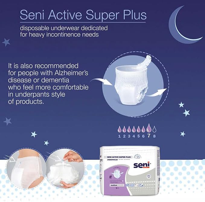 Seni Active Super Plus Unisex Adult Incontinence Underwear, Heavy Absorbency, Pull On Disposable Overnight Underwear for Men & Women (Medium, 20, Count)