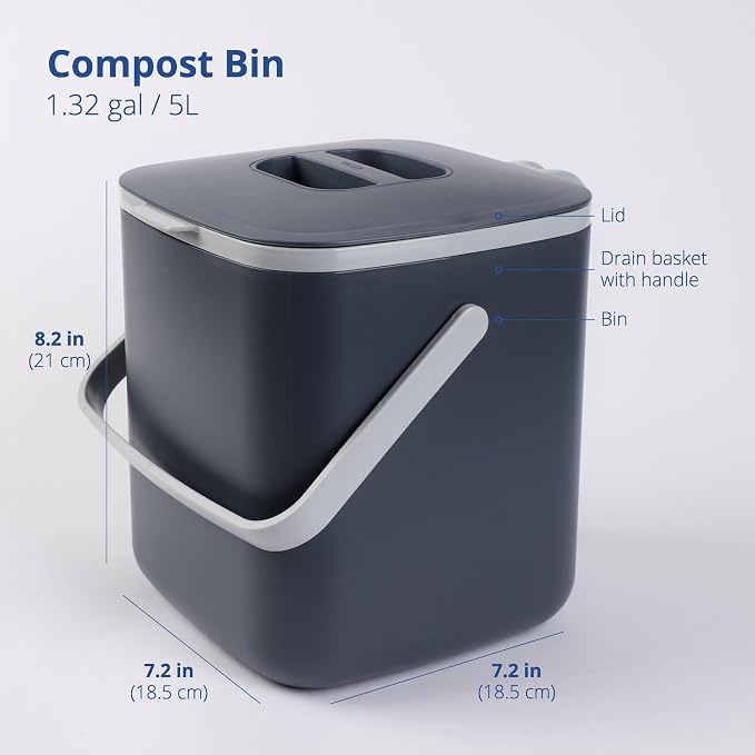 Blue Ginkgo Kitchen Compost Bin, 5L Countertop Compost Bin, Dark Grey | Odor-Tight. Filter-Free. Dishwasher Safe.