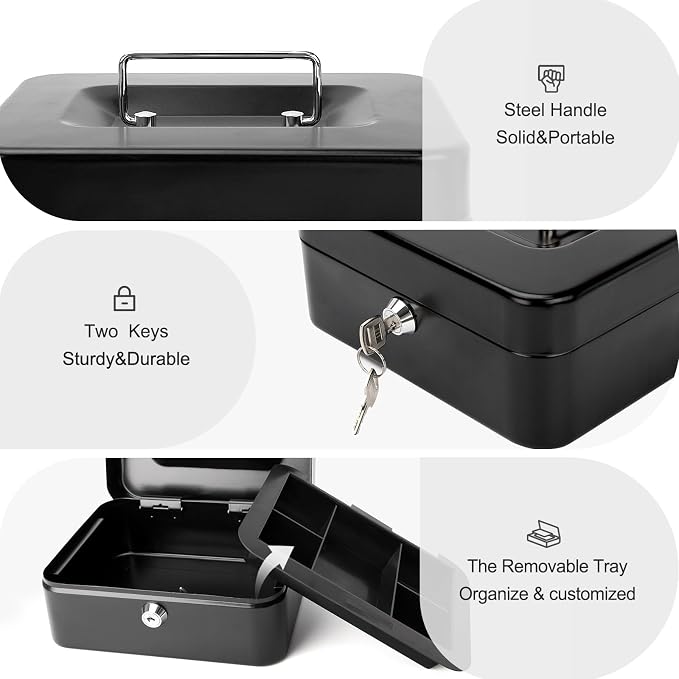 Jssmst Locking Medium Steel Cash Box with Money Tray,Lock Box,Black