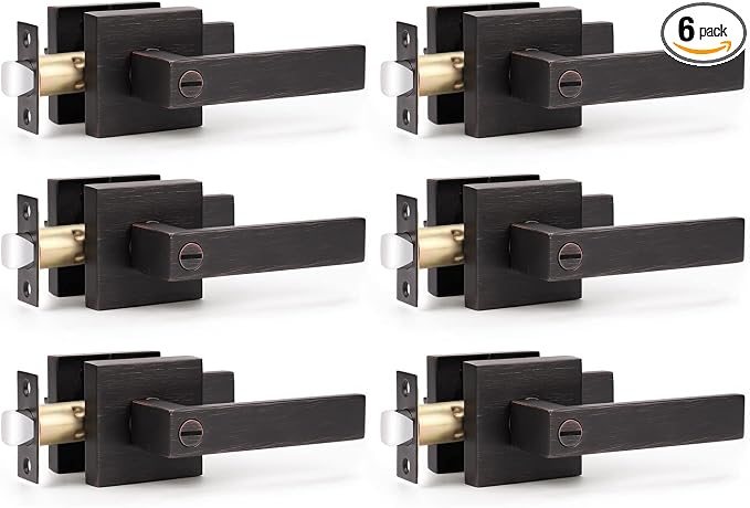 KNOBWELL 6 Pack Door Handles Bronze, Privacy Door Lever Bed and Bath Leverset Lockset, Left or Right Handing, Oil Rubbed Bronze Finish 2.07 lb One Lever