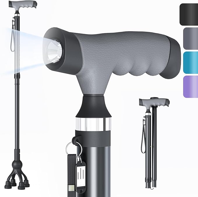Walking Cane with LED Light for Seniors Men Women, Adjustable Folding Canes for Elderly, Ergonomic Handle & All Terrain Shock Absorbing Base, Walking Sticks for Indoor Outdoor Travel Hiking Support