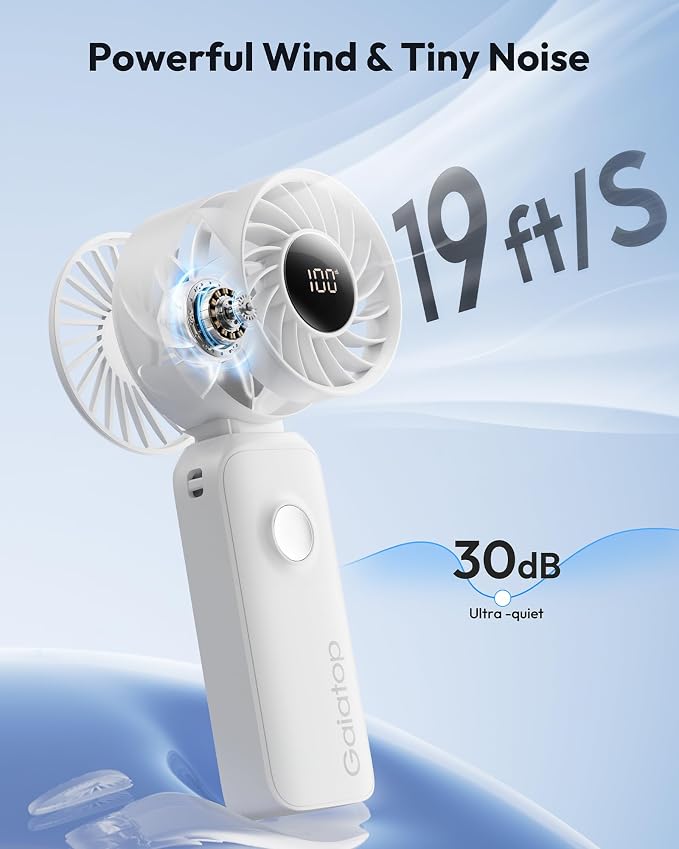 Gaiatop Portable Handheld Fan, 5 Speed Rechargeable Battery Max 18 Working Hours, 3 IN 1 Neck/Desk/Hand Fan Cooling for Travel, Beach, Women/Men Outdoor Activities Gifts - White