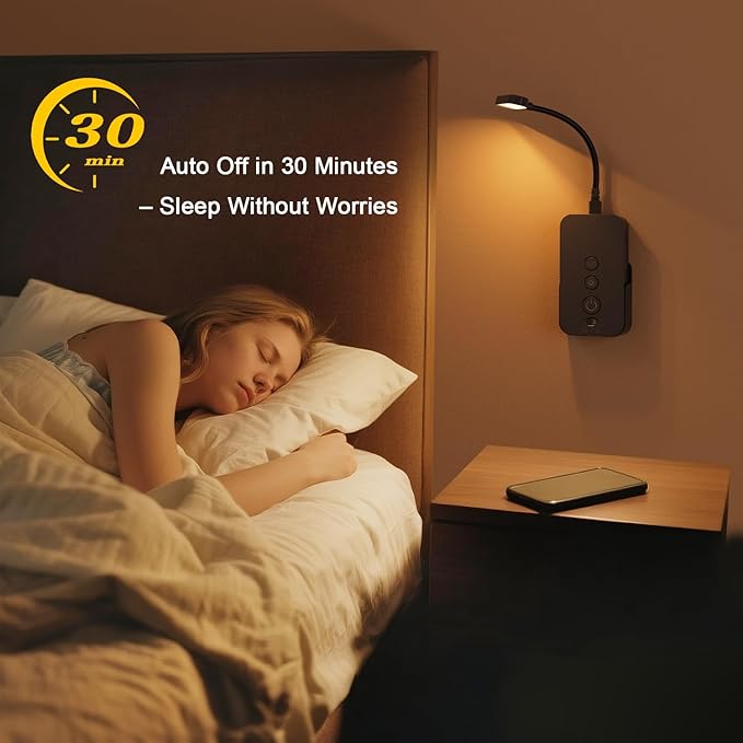 Ellasay Wall Mounted Reading Light: Dimmable LED Night Lights with Timer & Memory - Adjustable Gooseneck USB Powered - Easy Install for Kids Bedroom/Dorm Room/RV 2 Pack (Black)