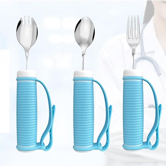 Tremors Elderly Assistance Products,Spoon and Fork Three Piece Set,Handicap Accessories for Daily Living,Adaptive Equipment with Blue Handle Belt,Aids for Living,Eating Utensils Sets.