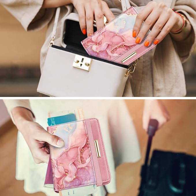 Coco Rossi Passport Holder for Travel Women Slim RFID Passport Cover Wallet | Travel Essentials, Passport Book Holders, Passport Wallet Cover Case, PU Leather, Cute, Thin, Spliced Design, Pink Marble