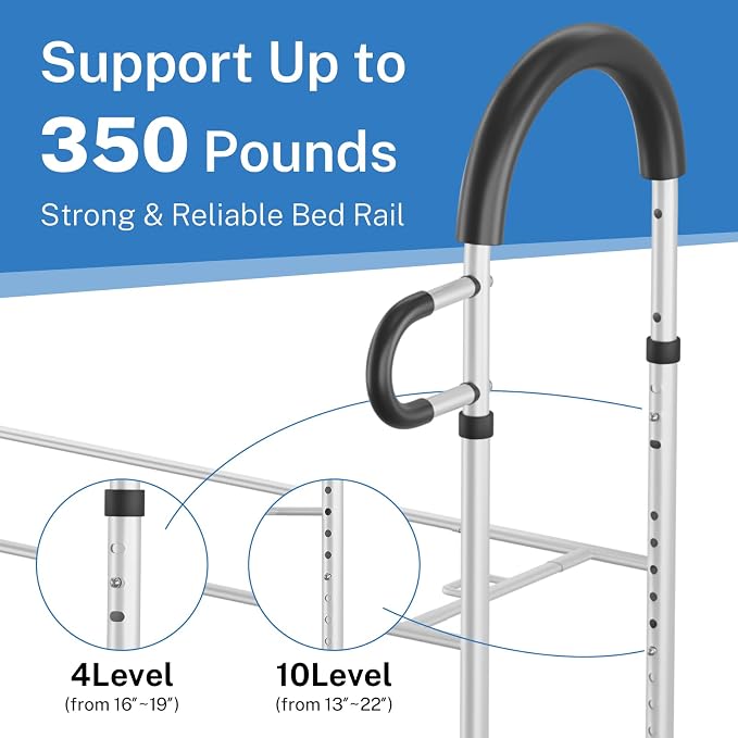 Bed Rails for Elderly Adults Safety: Side Assist Grab Bar Handrails for Seniors with Dual Handle Rails & Storage Bag - Adjustable Bed Cane Portable Bedside Railing - Fits Twin Full Queen King White